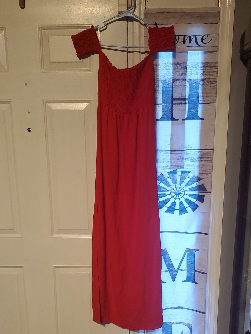 Women's Red Off-Shoulder Smocked Maxi Dress